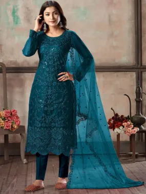 Odette Women Teal Net Semi Stitched Salwar Suit