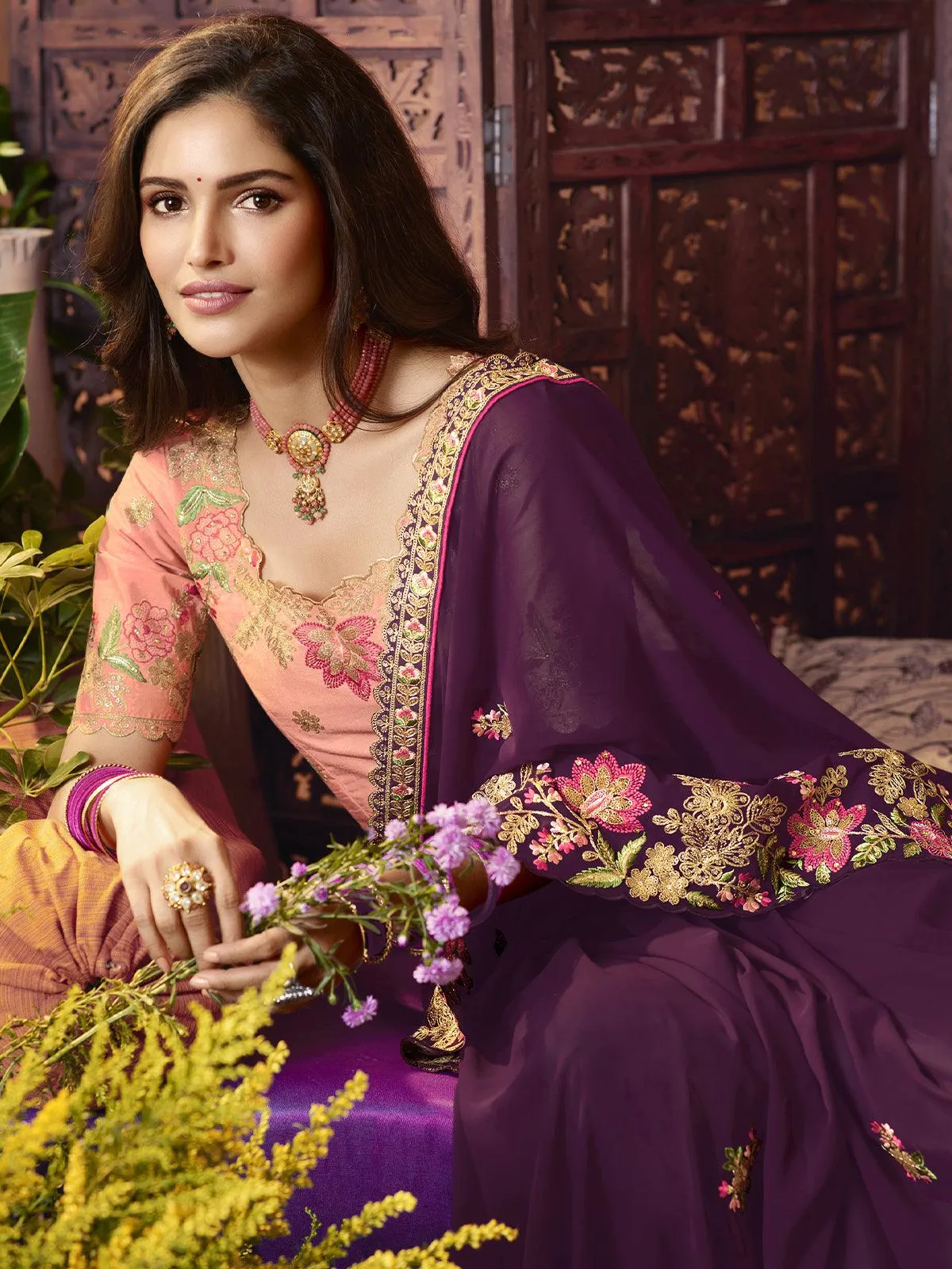 Odette Women Violet Georgette Embroidered Saree With Unstitched Blouse