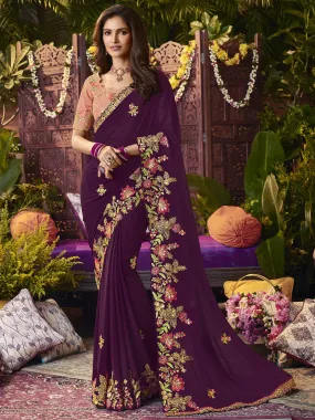 Odette Women Violet Georgette Embroidered Saree With Unstitched Blouse