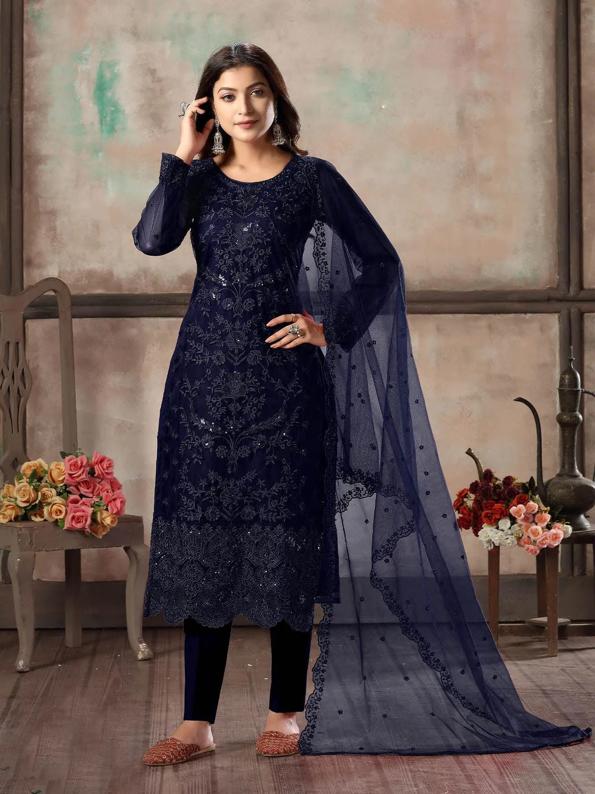 Odette Women Women Blue Net Semi Stitched Salwar Suit