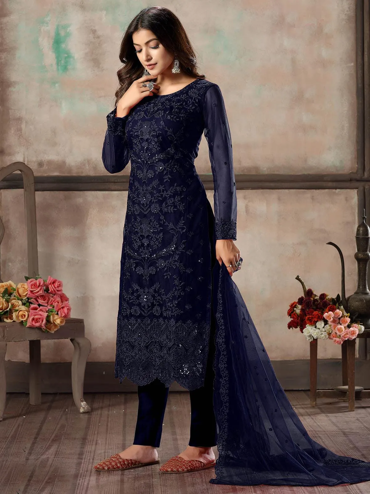 Odette Women Women Blue Net Semi Stitched Salwar Suit