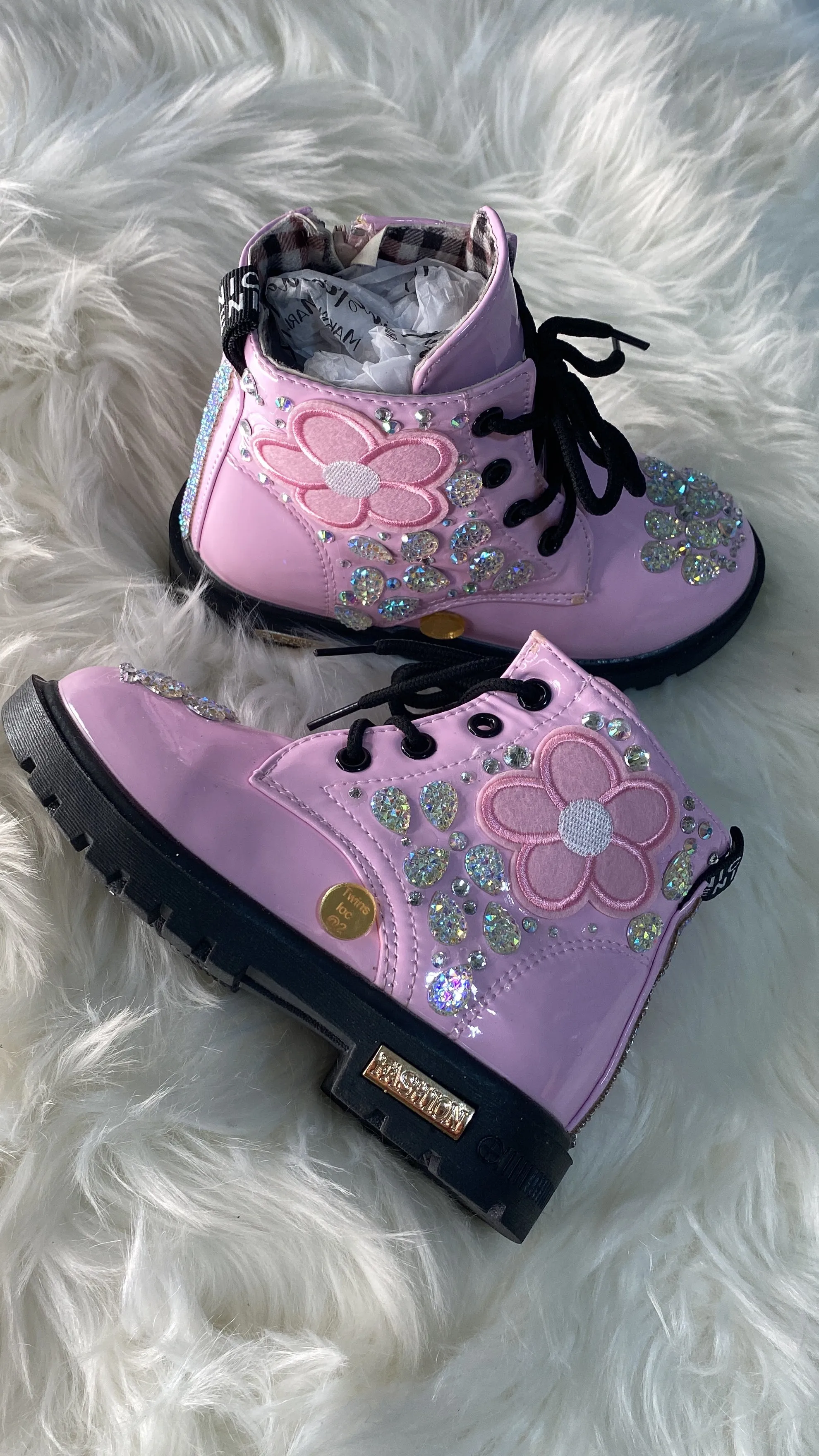 PINK FLOWER AND RHINESTONE BOOTS BOOTS