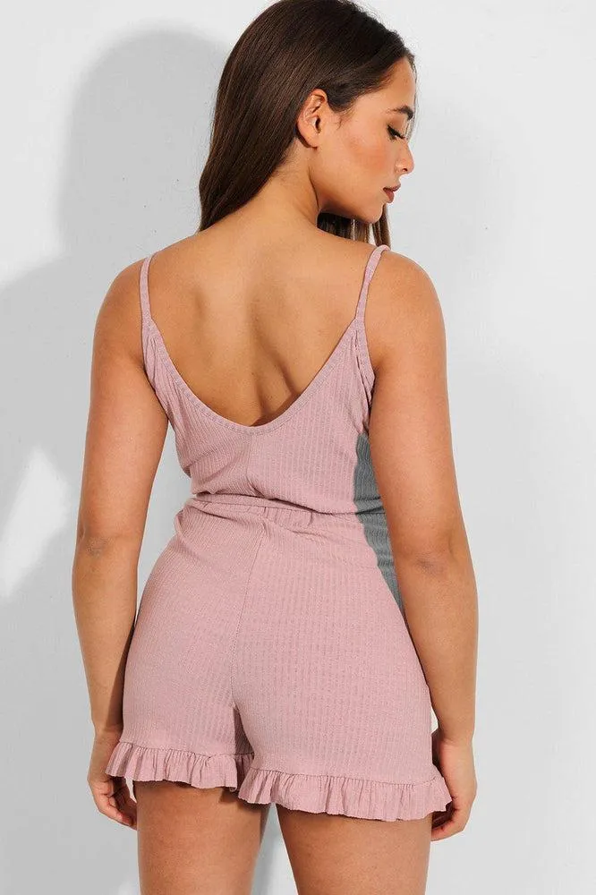 Pink Frill Trims Ribbed Cami Playsuit