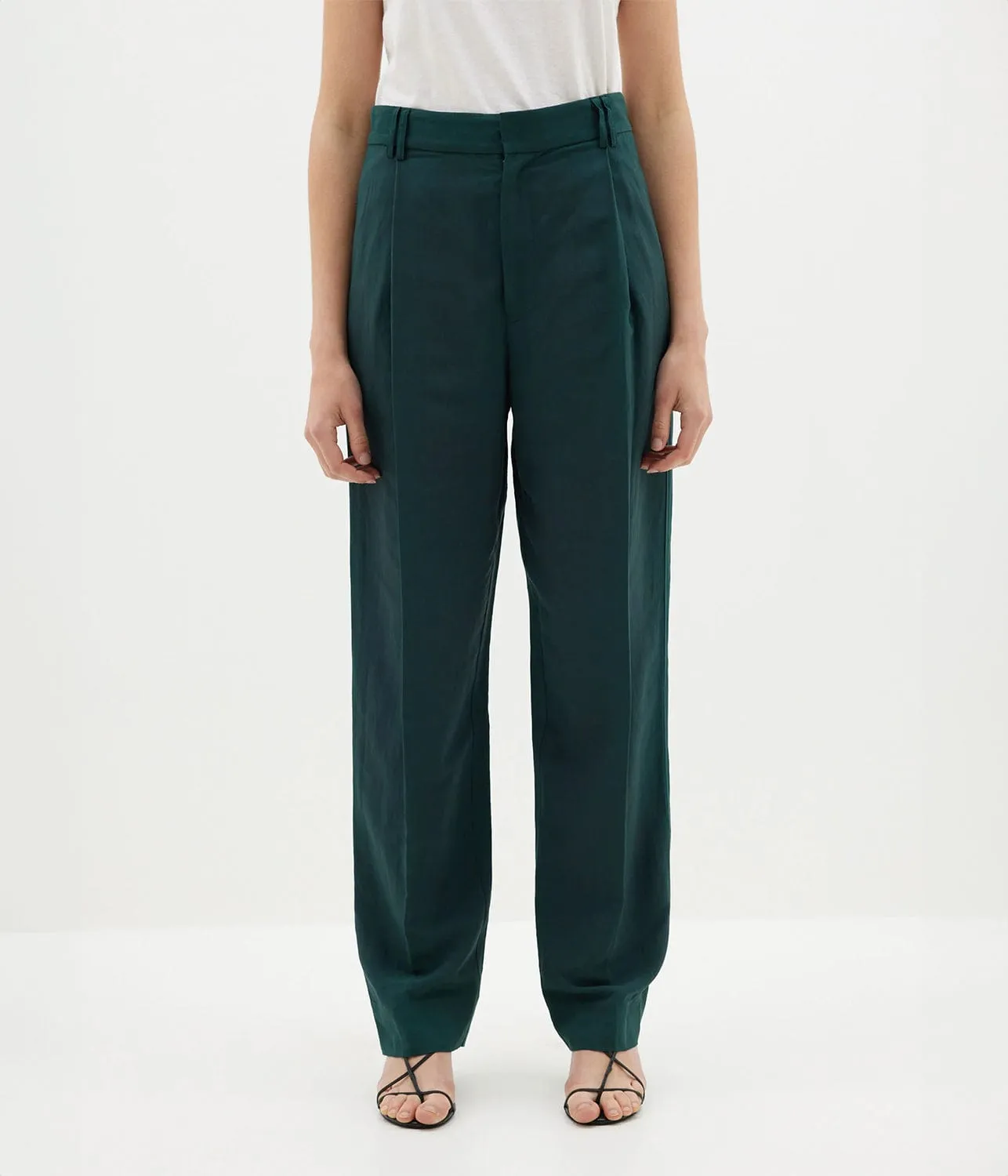 Elegant Pleat Front Linen Trousers in Malachite Green