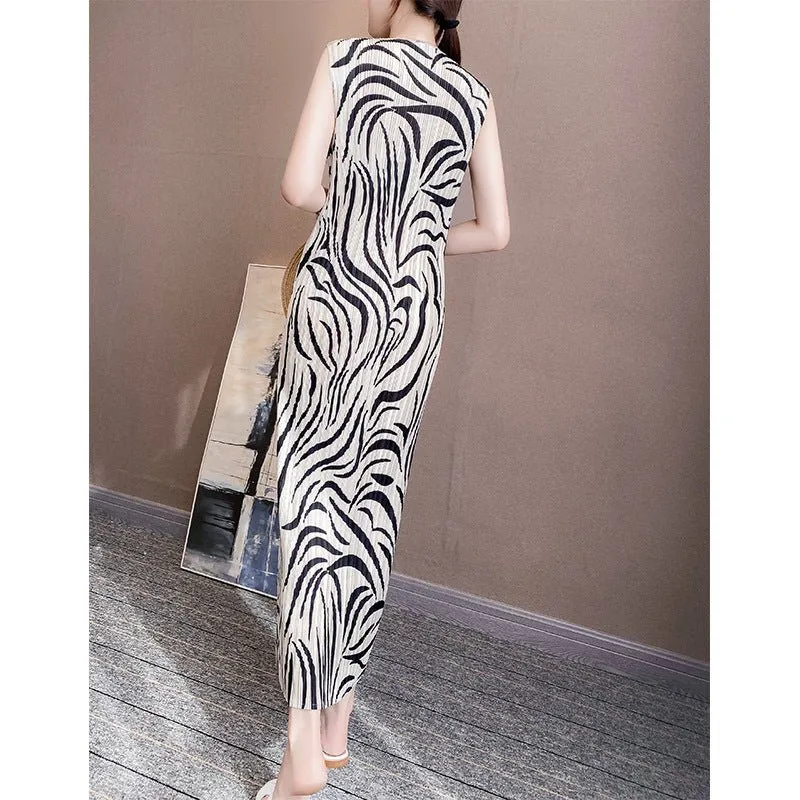 Printed Dress Mid-Length Pleated Skirt Summer Dress New Slim Sleeveless Hip Skirt Women