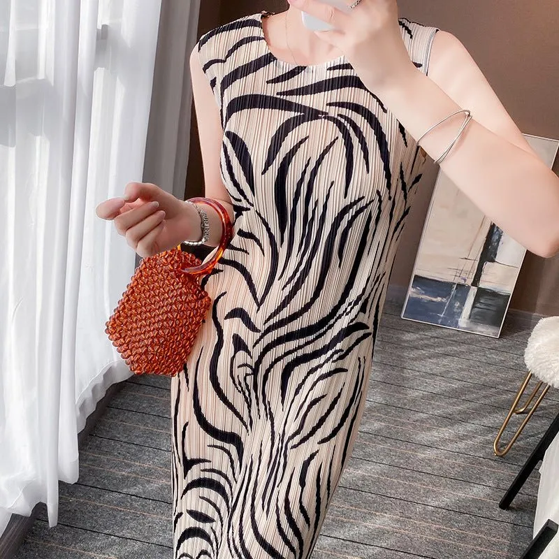 Printed Dress Mid-Length Pleated Skirt Summer Dress New Slim Sleeveless Hip Skirt Women