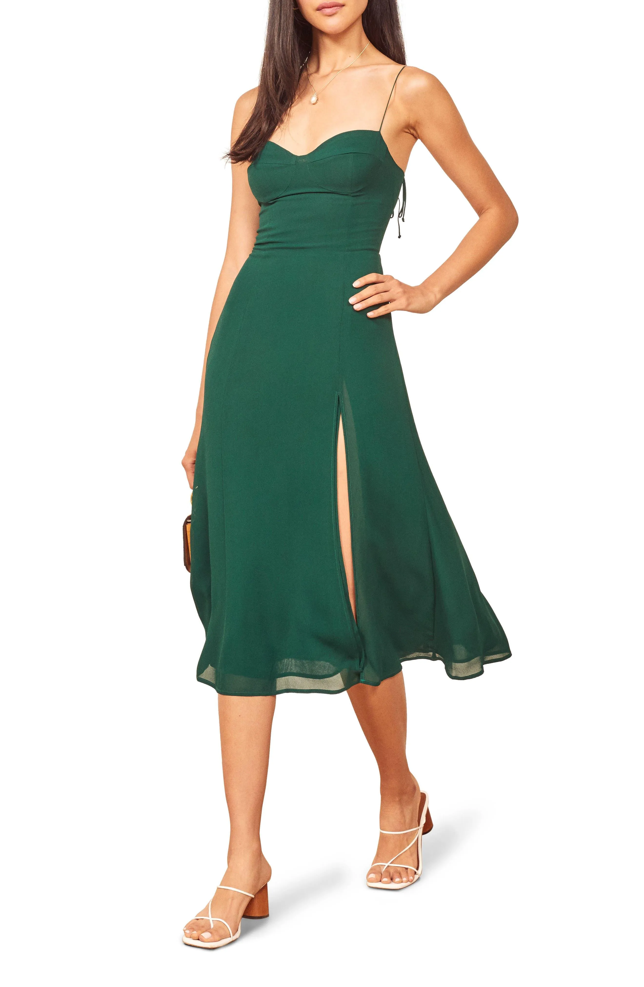 Reformation Green Rosehip Pleated Midi Dress UK 8