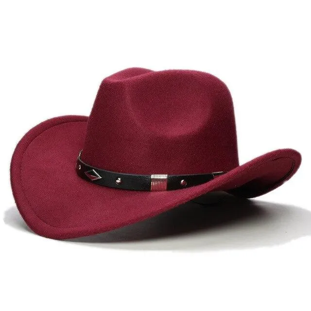 Retro Parent-Child Wool Cowboy Hat with Geometric Pattern Leather Band