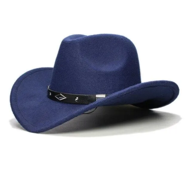 Retro Parent-Child Wool Cowboy Hat with Geometric Pattern Leather Band