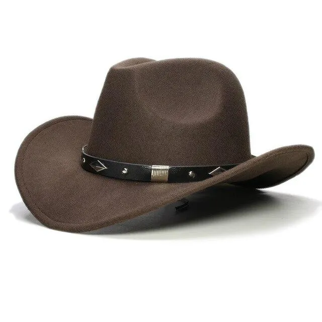 Retro Parent-Child Wool Cowboy Hat with Geometric Pattern Leather Band