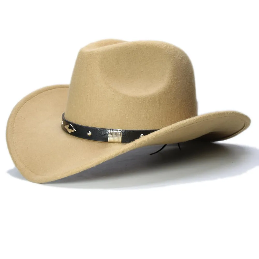 Retro Parent-Child Wool Cowboy Hat with Geometric Pattern Leather Band