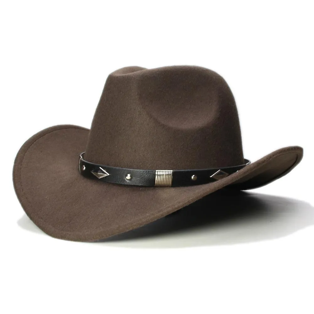 Retro Parent-Child Wool Cowboy Hat with Geometric Pattern Leather Band