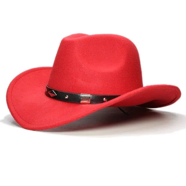 Retro Parent-Child Wool Cowboy Hat with Geometric Pattern Leather Band