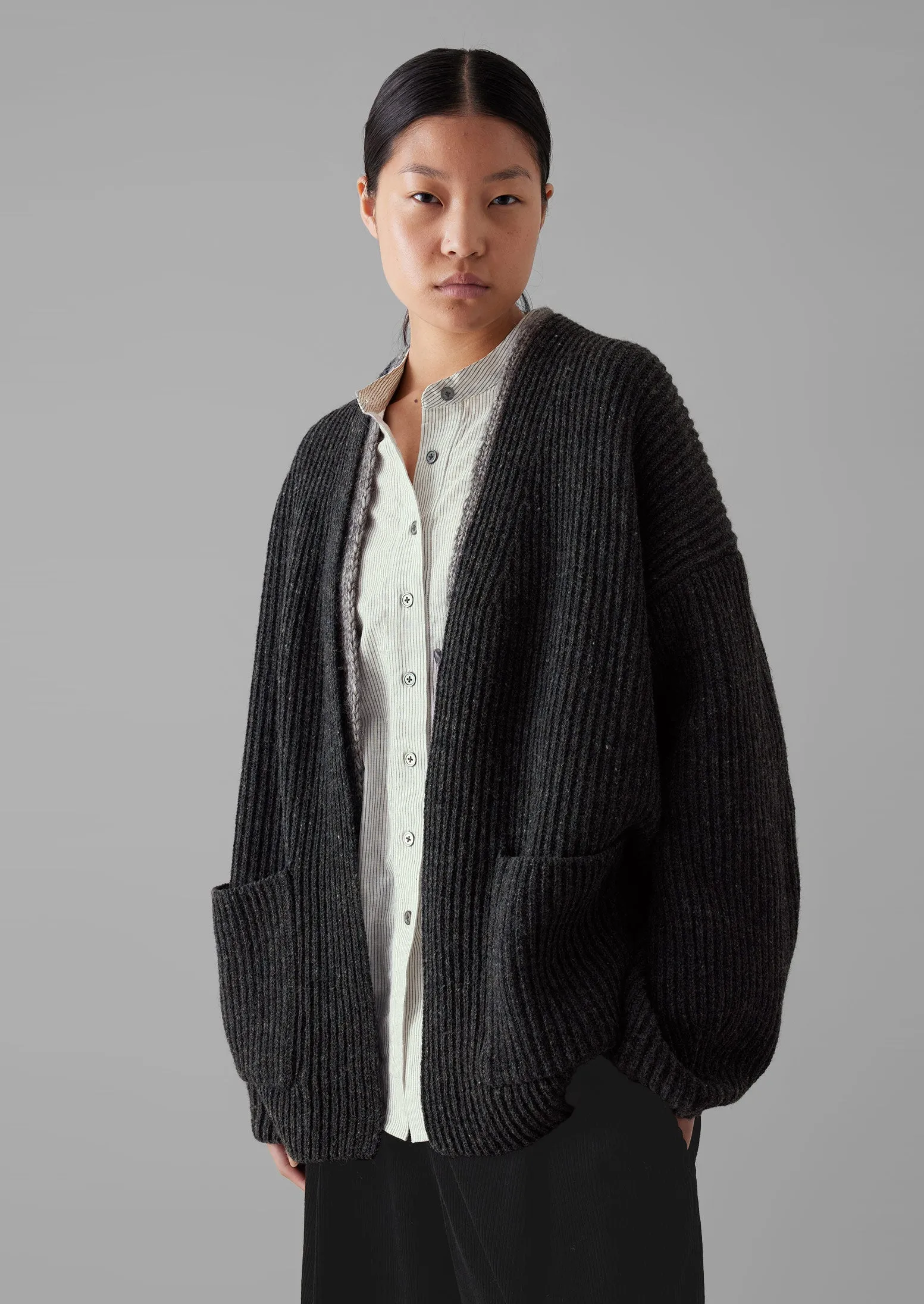 Ribbed Wool Knitted Cardigan | Charcoal