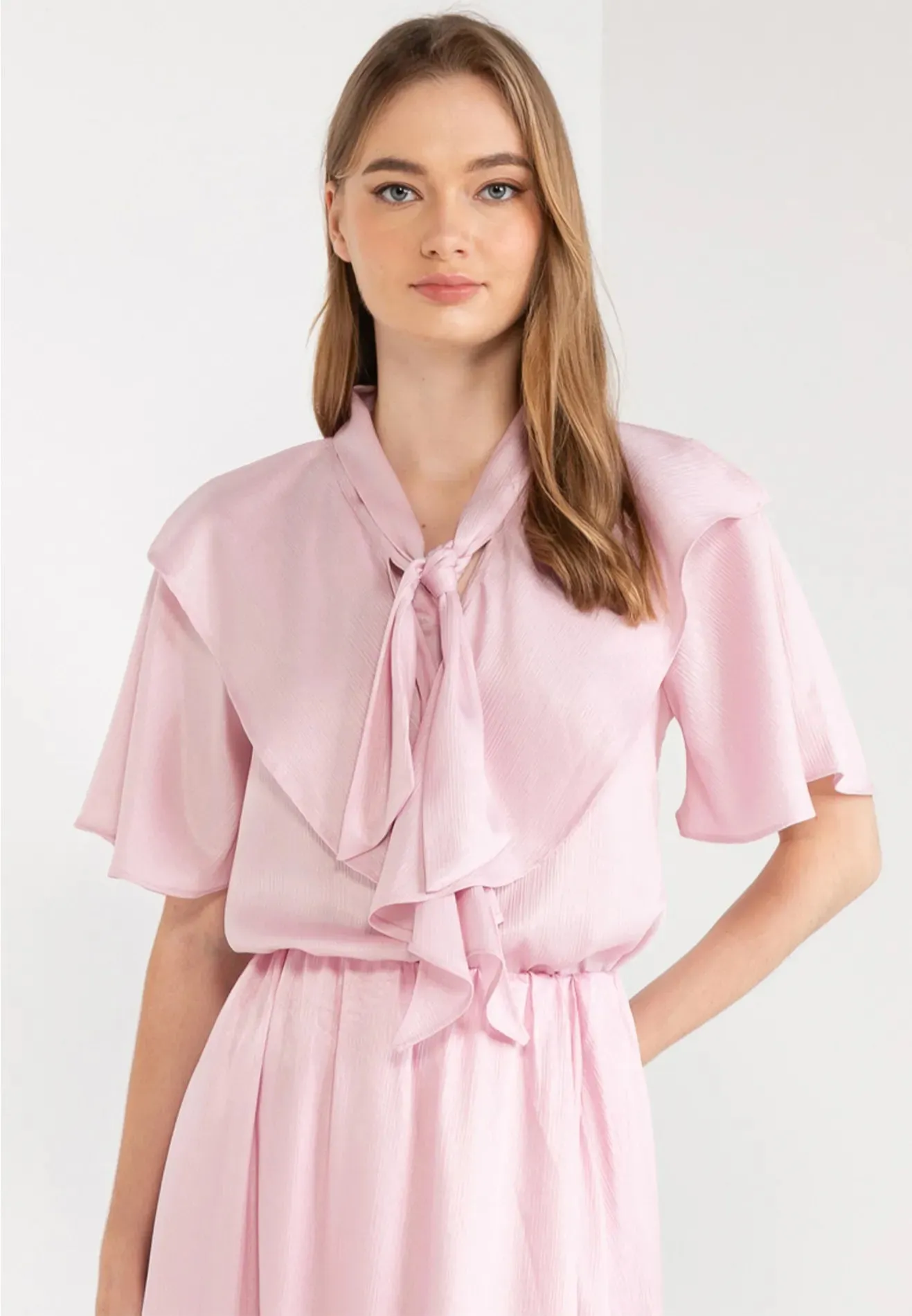 Ribbon Tie Flutter Sleeves Satin Top