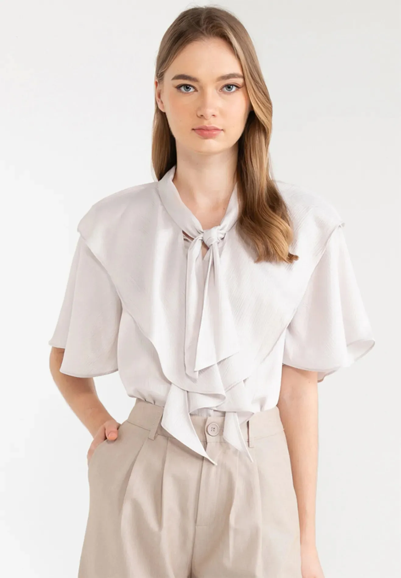 Ribbon Tie Flutter Sleeves Satin Top