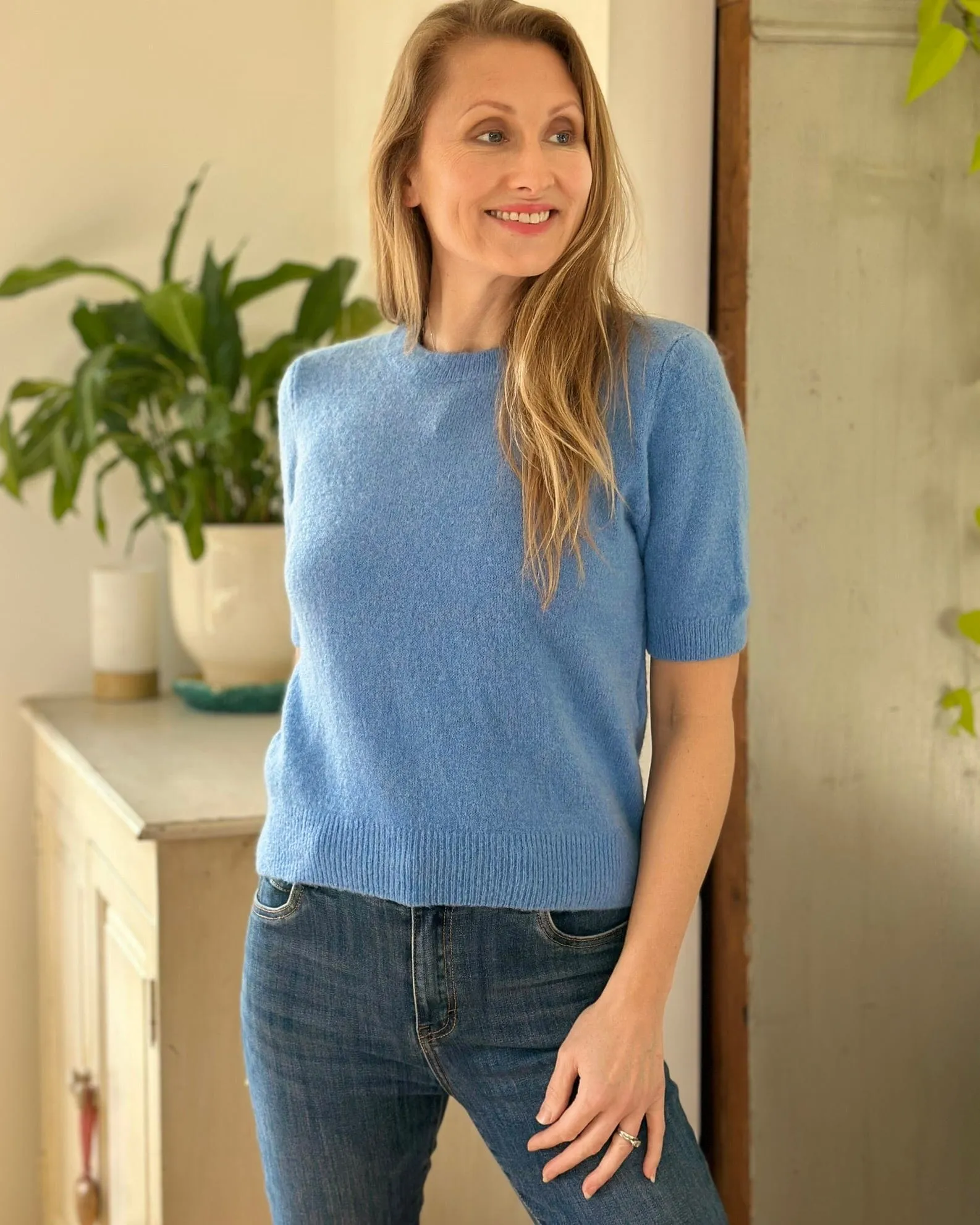 Round Neck Short Sleeve Jumper - Cornflower Blue