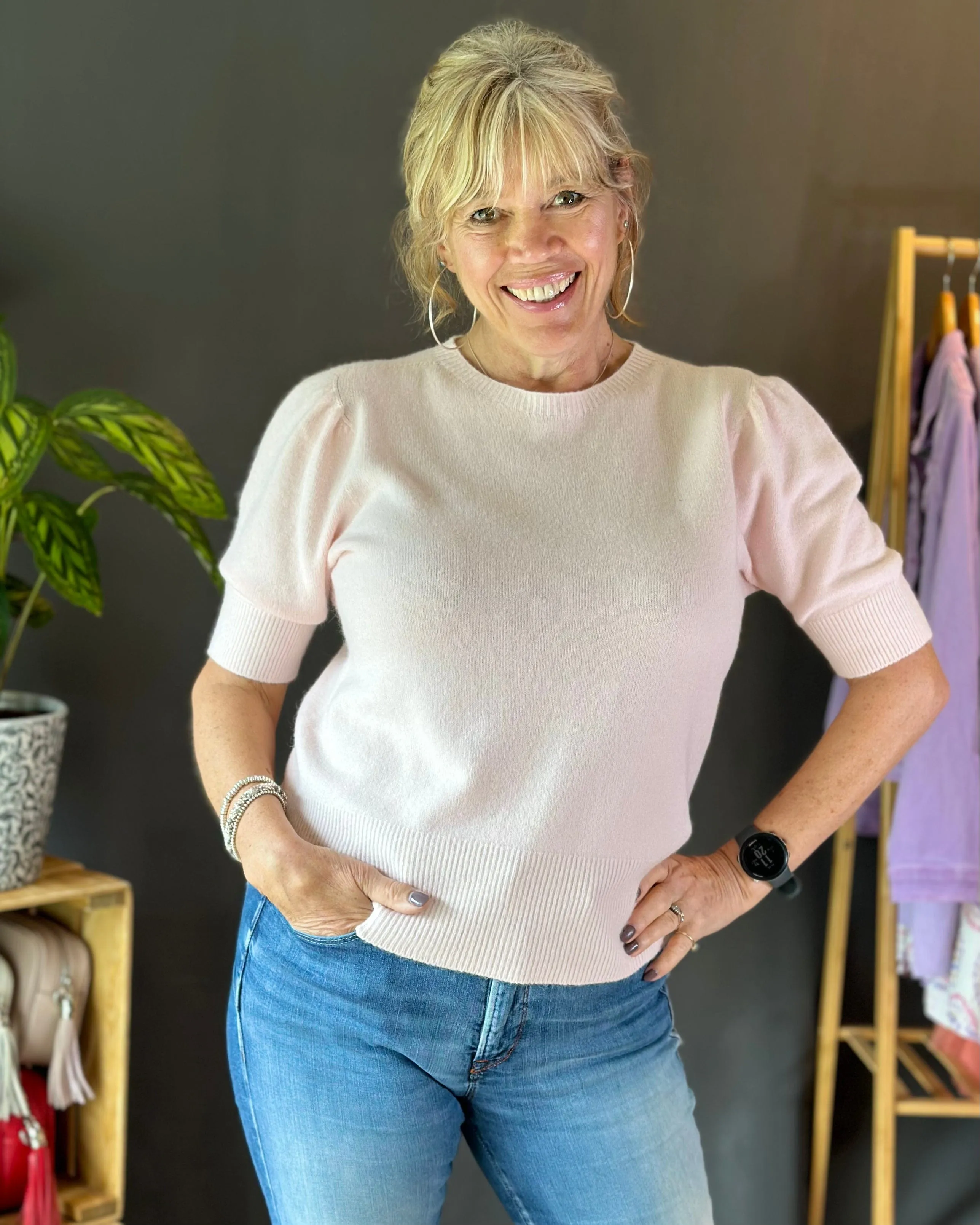 Round Neck Short Sleeve Jumper - Pale Pink