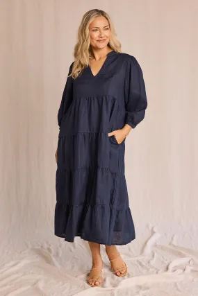 Sabre Linen V-Neck Dress in Navy