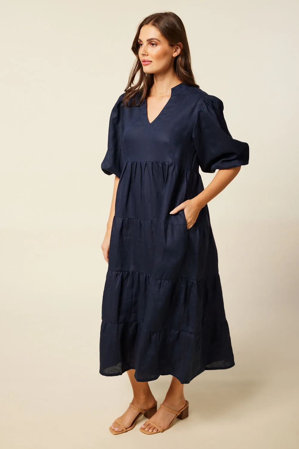 Sabre Linen V-Neck Dress in Navy