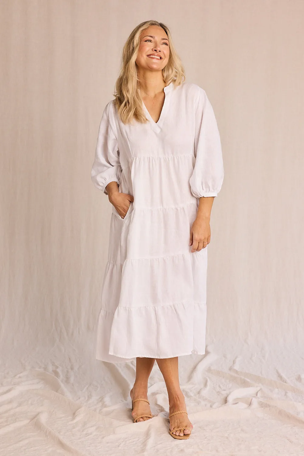 Sabre Linen V-Neck Dress in White