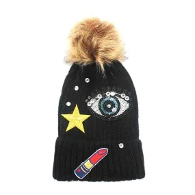 Sequin Big Eye Lipstick Patch Beanie Hat With Pom Pom