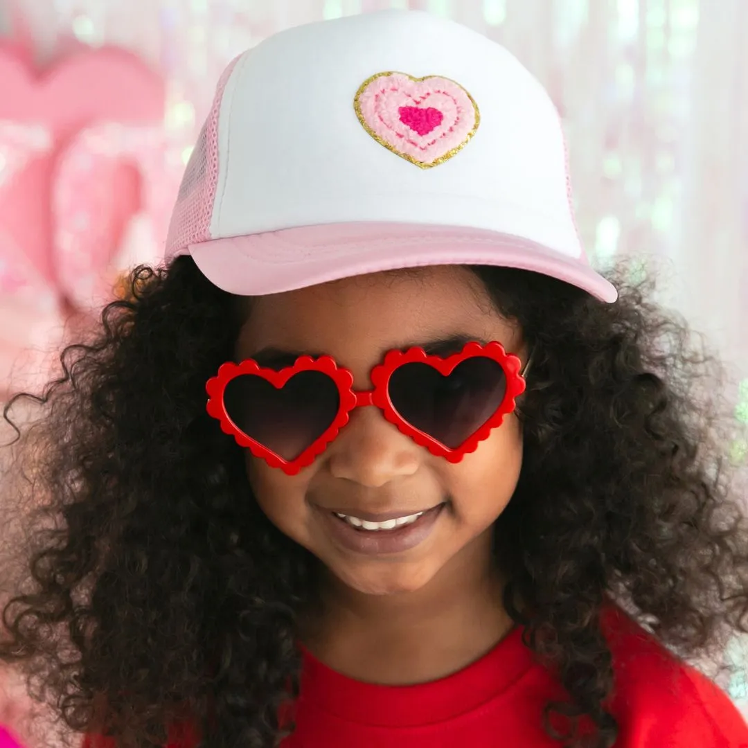 Sweet Wink Multi Heart Patch Trucker Hat - Pink/White