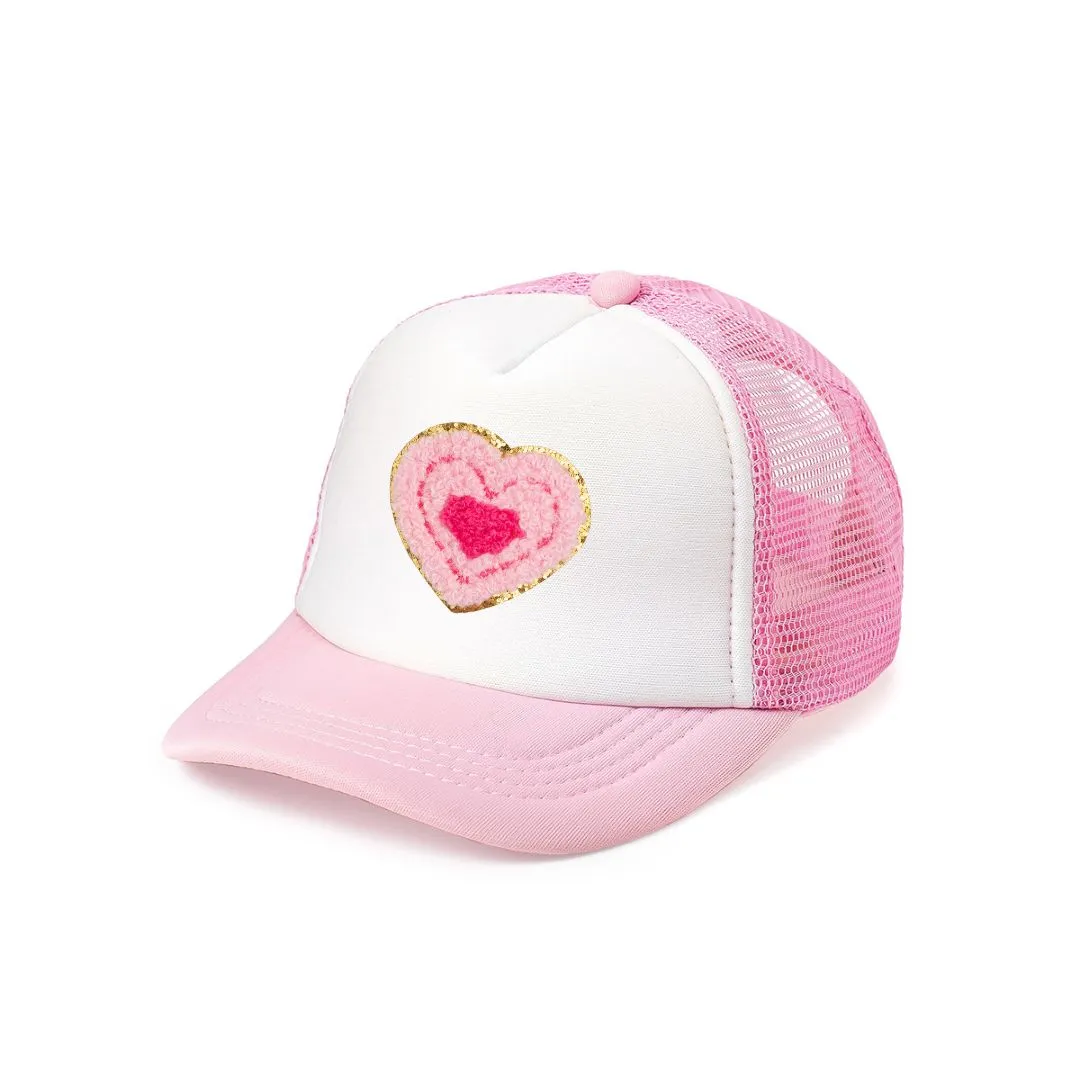 Sweet Wink Multi Heart Patch Trucker Hat - Pink/White