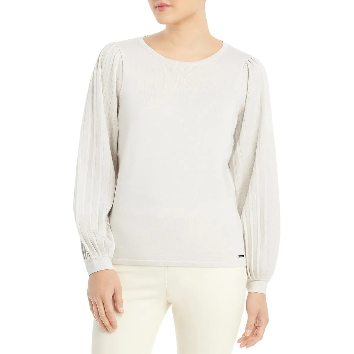 T Tahari Womens Pleated Sleeve Crewneck Pullover Sweater