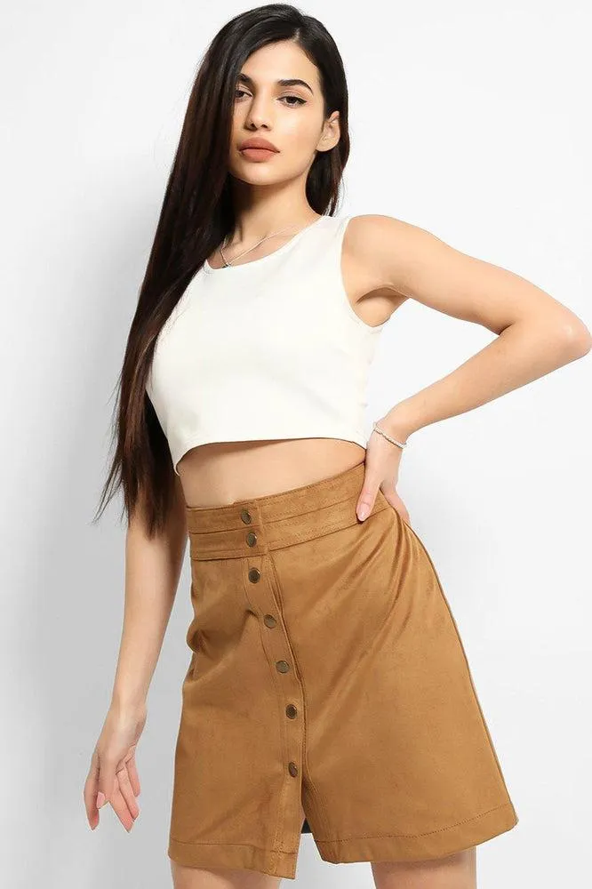 Tan Vegan Suede Popper Button Front Skirt