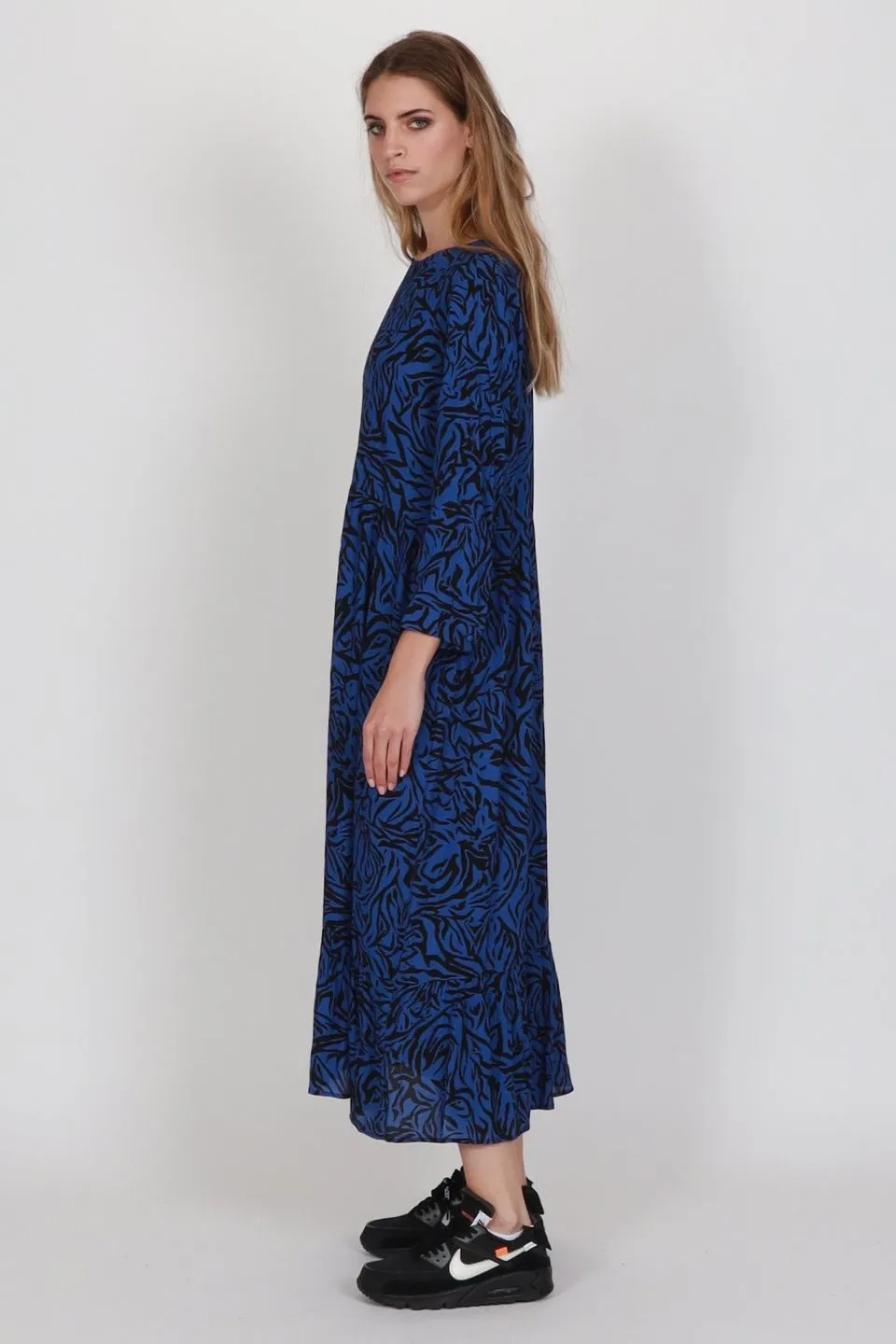 Tier Me Blue Animal LS Maxi Tiered Dress