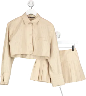 ZARA Beige Pinstripe Pleated Skorts And Cropped Shirt Set UK XS