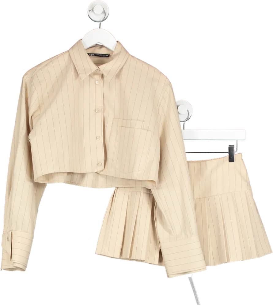 ZARA Beige Pinstripe Pleated Skorts And Cropped Shirt Set UK XS