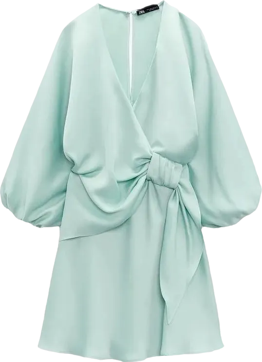 ZARA Mint Green Long Sleeve Bow Detail Mini Dress BNWT UK XS