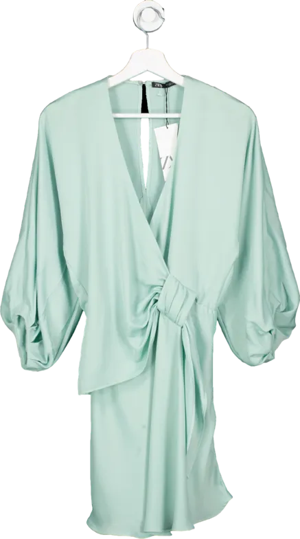 ZARA Mint Green Long Sleeve Bow Detail Mini Dress BNWT UK XS